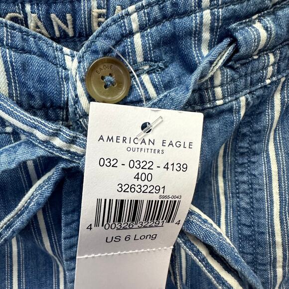 American Eagle High Rise Wide Leg Cropped Pants Size 6 Tie Waist Striped Denim - Picture 5 of 10